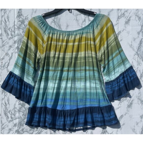Style & Co. Womens On Off Knit Faded Turquoise Ruffle Hem and Sleeve Top S - Picture 2 of 7